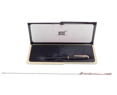 A Mont Blanc fountain pen, with 14k gold nib, boxed, together with a silver Deco swizzle stick on necklace.