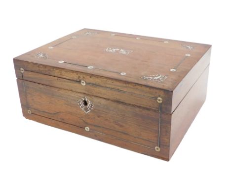 A Victorian rosewood and mother of pearl inlaid workbox, the hinged lid enclosed a bays lined interior, 30cm wide. 