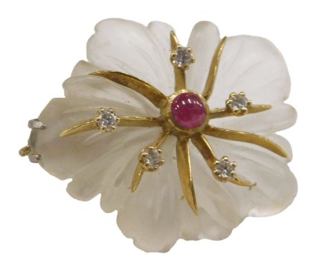 A rock crystal semi and precious stone set flower shaped pendant, 4cm high, on an 18ct gold frame set with cabochon ruby and 