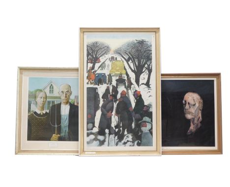 After Grant Wood. American Gothic coloured print, 56cm x 43cm, a print after Edward Burra titled Winter, and a further print 