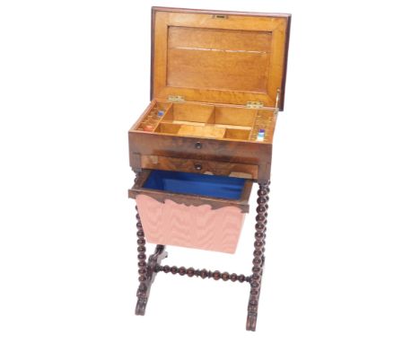 A 19thC mahogany work table, the hinged lid enclosing a maple veneered interior, above a drawer and a wool drawer on bobbin t