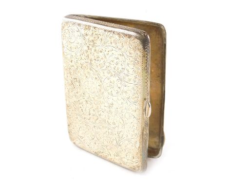 A silver cigarette case, with engraved foliate scroll decoration, hallmarks for Sheffield indistinct, 2.30oz, lacking interio