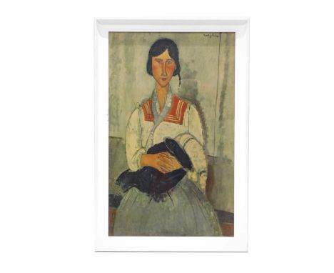 After Amadeo Modigliani. Gypsy woman with baby, coloured print, 61cm x 36cm. 