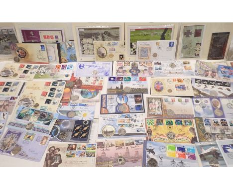 Coin packs and first day covers, comprising Union Jack bicentenary, Birds of Prey, Submarines at War, Airliners, Total Solar,
