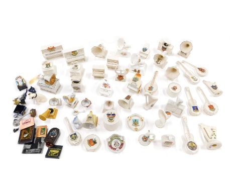 A quantity of crested china an other similar ornaments, each modelled in the form of a gramophone, record player, harp or sim