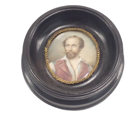 19thC School. A portrait miniature of a gentleman with a moustache in linen dress, painted on paper, in ebonised frame, 10cm 