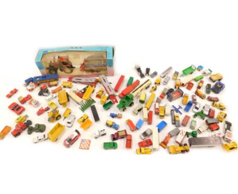 Box containing play worn diecast vehicles, and a Ros tractor, boxed. 