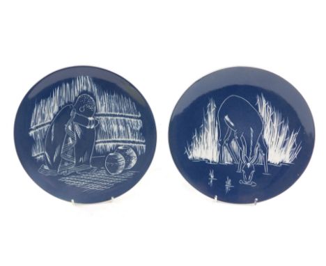 Two Drostdy ceramic plaques, each decorated with African scenes of an impala ram, and an Inqilika, various print impressed an