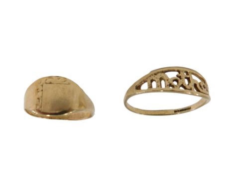 Two dress rings, comprising a 9ct gold signet ring, with floral engraved panel, ring size K, and a Mother dress ring, ring si