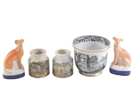 19thC and later ceramics, comprising a pair of Staffordshire flat back greyhounds, 12cm high, two Prattware ink wells, 8cm hi