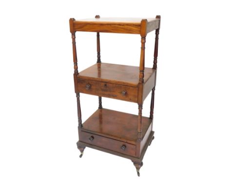 A 19thC mahogany three tier whatnot, with two drawers, on bun feet with ceramic castors, 120cm high, 56cm wide. 