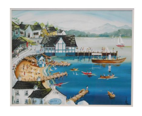 AF?, Lake scene with figures on a pier, small steam cruiser, etc., coloured print, 39cm x 48cm. 