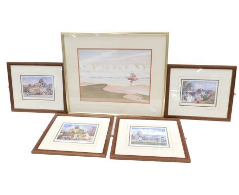 After Inge Claussen. Scenes with figures, buildings, etc., Canadian, signed in the margin, print signed Mike Sibthorp. (5) 
