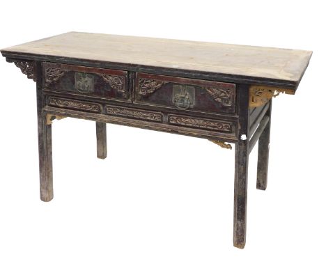 A Chinese red stained altar table, with a plank top above two carved frieze drawers flanked by pierced brackets, on plain sup