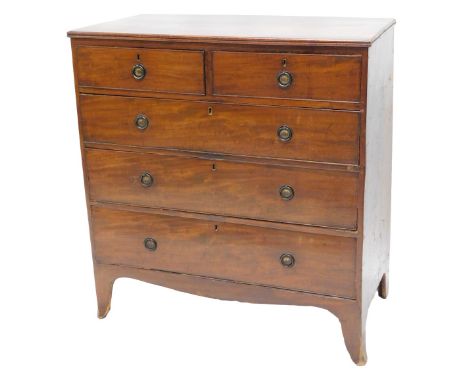 A 19thC mahogany chest of drawers, the cross banded top with a moulded edge above two short and three long drawers with later