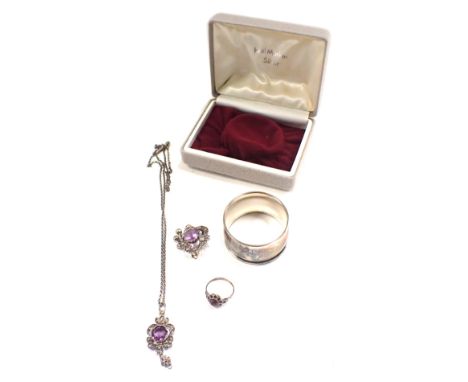 A group of silver and other jewellery and effects, comprising a silver and amethyst style pendant and brooch set, the brooch 