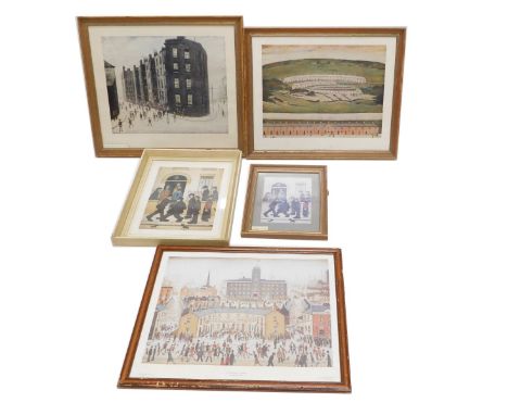 After L.S. Lowry. Hillside in Wales, coloured print, 51cm x 64cm, and four other prints after Lowry. 