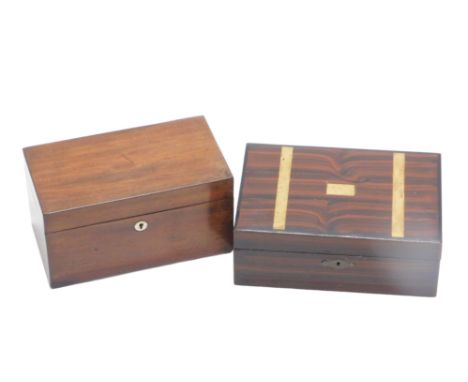 A 19thC mahogany tea caddy, of plain form with two lidded divisions, 22cm wide, and a scumbled writing box with hinged lid, e