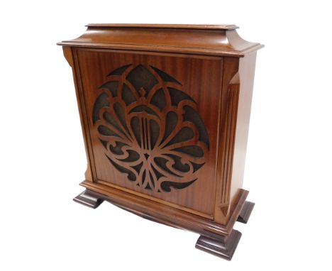 An early to mid 20thC Celestion mahogany speaker, with a pierced front on ogee bracket feet, 52cm high, 51cm wide. 