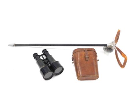 A pair of ebonised brass and leather field binoculars, unmarked, in leather case, and a Middlemores Seatanstick shooting stic