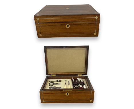 Oak &amp; brass storage box featuring Mother Of Pearl accents, inlaid with beige velvet, accompanied by a range of old beauty