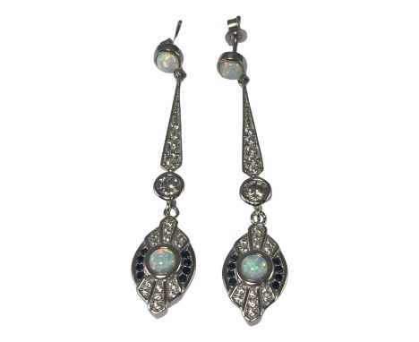 Pair of silver, sapphire and opal Art Deco style drop earrings, weighing 6.88 grams 