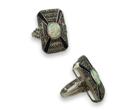 Substantial silver and marcasite dress ring with opal centre panel, size P, weighing 7.96 grams 