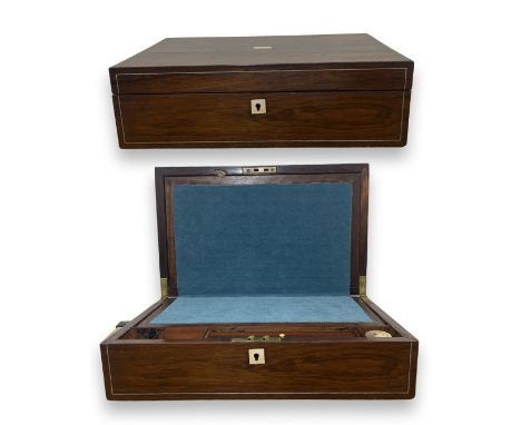 Oak and Mother Of Pearl writing slope, with a blue interior, also includes 1 brass lidded ink jar, measures 40x25x12cm 