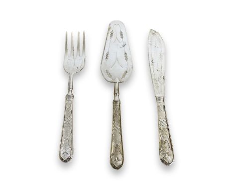 Vintage Swedish Art Nouveau 800 Silver serving set to include fork, knife and cake slice, with original box, total weight 355