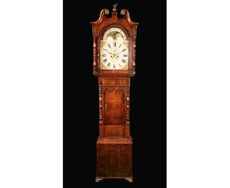 A William IV oak and mahogany longcase clock, 35cm arched painted dial inscribed Jas. Brindley, Newcastle, Roman numerals, ro