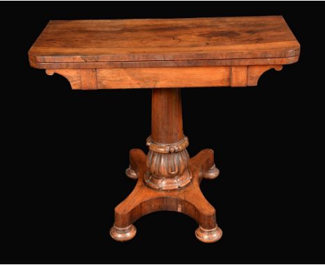 A George/William IV rosewood rounded rectangular card table, folding top enclosing an inset baize-lined playing surface, abov