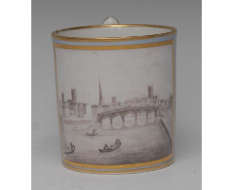 A Chamberlains Worcester mug,  printed with a sepia view of Worcester, within gilt line cartouche, on a light blue ground, 8.