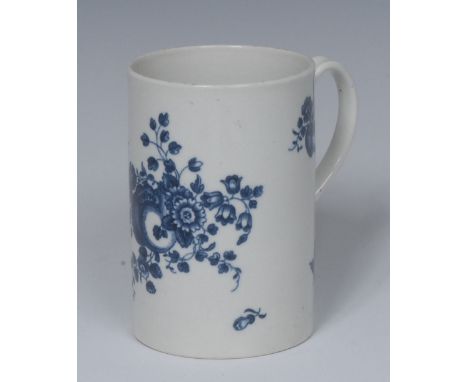 A Worcester Fruit Sprigs pattern mug, printed in underglaze blue with fruit and flowers, 11.5cm high, hatched crescent mark, 
