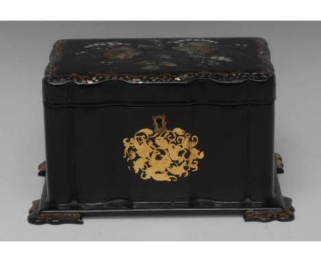 A Victorian papier mache commode shaped tea caddy, hinged cover painted with flowers and inlaid with mother of pearl, enclosi