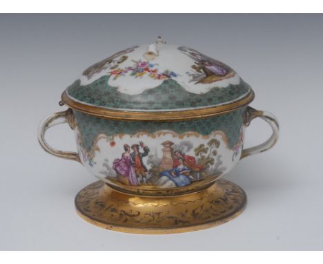 An 18th century Meissen gilt metal mounted two-handled inkwell, painted with classical figures with leafy gilt scrolls,  gree