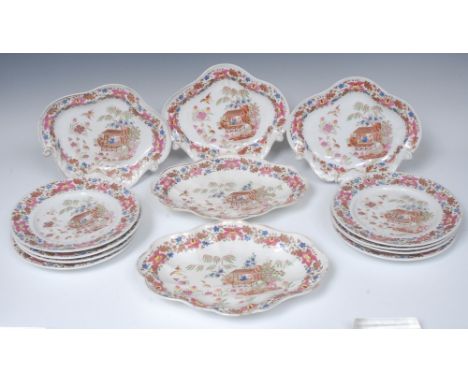 A Chamberlain Worcester  chinoiserie dessert service, printed and painted with two figures in an oriental scene comprising th