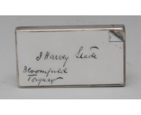 A Victorian novelty silver and enamel envelope vesta case, inscribed J Harvey Slade, Bloomfield, Torquay, [Devon] in black sc