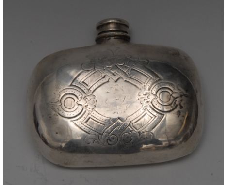 A Victorian silver curved rounded rectangular hip flask, domed screw-fitting cover, engraved with strapwork, 9.5cm wide, Jame