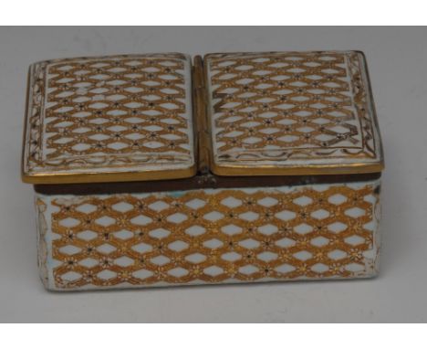 A mid-18th century German enamel rounded rectangular double-hinged table snuff box, probably by Fromery of Berlin, gold latti