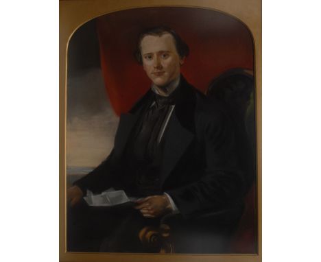 English School (mid-19th century)Portrait of a Gentleman, three-quarter length, seated on a spoon back armchair, wearing stif