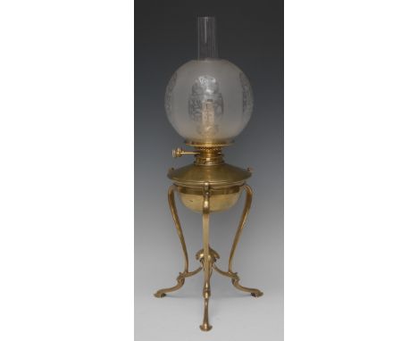 An Art Nouveau Hinks brass oil lamp, the burner by The Silber Light Company, London, saucer-shaped reservoir, sinuous tripod 