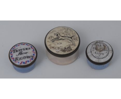 A South Staffordshire circular patch box, domed cover, in monochrome with hound, white sides, 2.5cm diam, c.1790; others, Tri