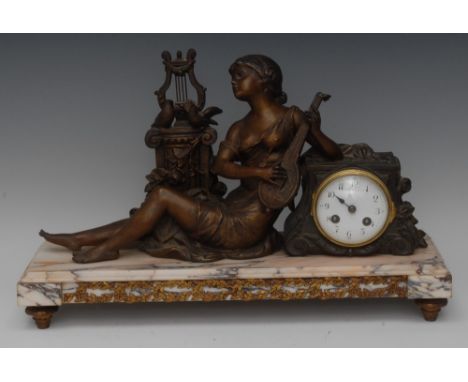 A 19th century French patinated and bronzed spelter and rose marble clock, 9cm white enamel circular dial inscribed with Arab