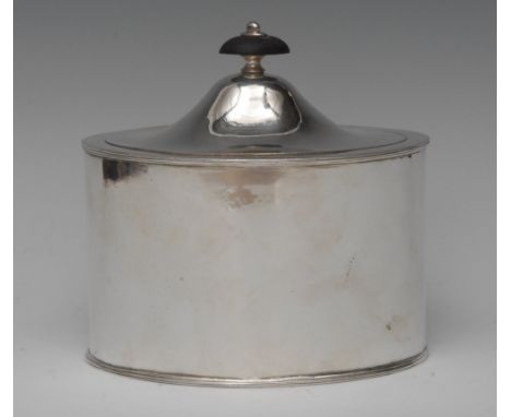 Hester Bateman - a George III silver oval tea caddy, quite plain, hinged domed cover, knop finial, reeded base, 14.5cm wide, 