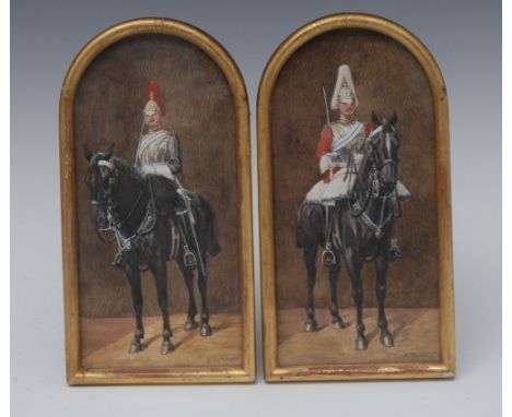 R**Simkin (20th century)A Pair, Household Cavalry, Blues and Royalssigned, watercolours, arched rectangular, 18cm x 9cm