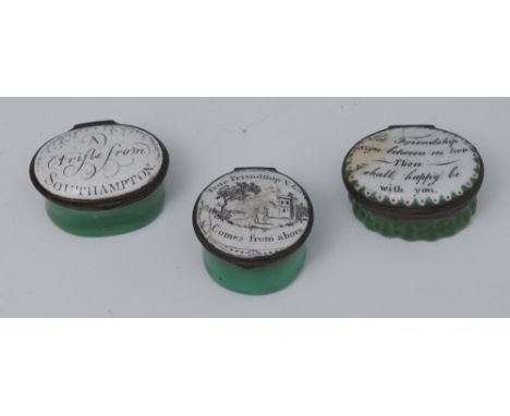 A 18th century South Staffordshire oval patch box, the cover inscribed A Trifle from Southampton, green base, 4cm wide, c.179