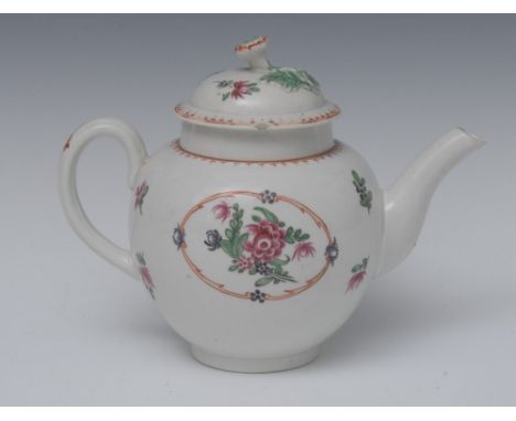 A Worcester globular teapot and cover, decorated with pink flowers and foliage within a gilt cartouche, the ground with scatt