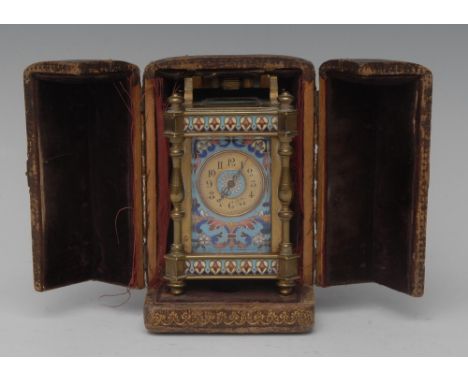 A late 19th century French champleve enamel miniature carriage timepiece, 3cm circular dial inscribed with Arabic numerals, 1