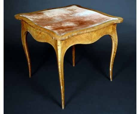 A Louis XV-Revival kingwood shaped tri-form card table, folding top crossbanded, book-matched and veneered with heart-shaped 