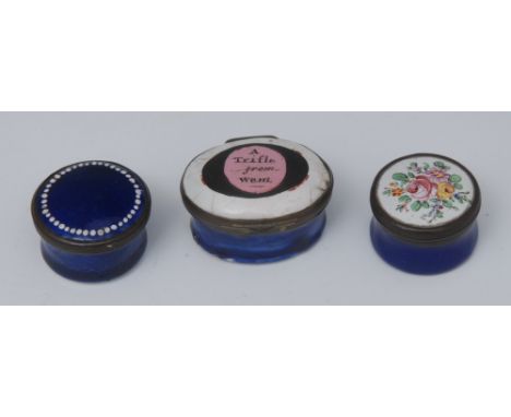 An 18th century Staffordshire oval patch box, A Trifle from Wern, cobalt blue sides, 4cm wide, c.1790;  another, circular, pa